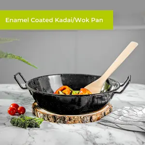 Royalford 24cm Enamel Wok Pan Induction Safe Kadhai Raised Handles