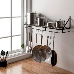 Kitchen Metal Shelves Saucepan Pan Pot Rack Storage Shelf with 10 Hooks Wall Mounted W 90 cm