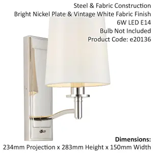 2 PACK Bright Nickel Indoor Wall Light Fitting & Vintage White Fabric Shade