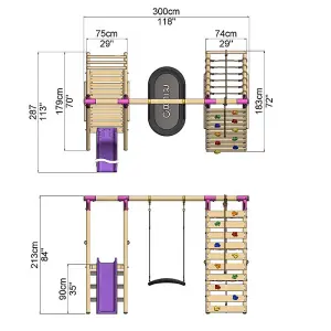 Rebo Wooden Swing Set with Deck and Slide plus Up and Over Climbing Wall - Onyx Pink