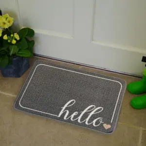 Grey Hello Text Door mat, 60cm x 40cm