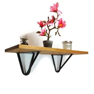 Solid Pine Rustical Shelf Light Oak Black Hairpin Bracket Style 25x110cm