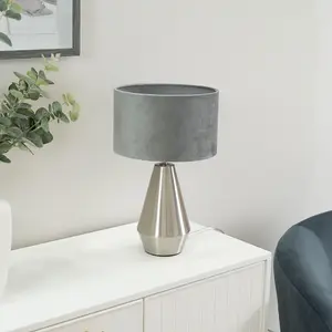 ValueLights Jax Silver Metal Touch Dimmer Table Lamp with Grey Velvet Shade