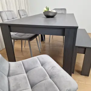 Dining Table and 4 Chairs With Bench Black Dark Grey 4 Grey Velvet Chairs Wooden Bench Wood Dining Set Furniture