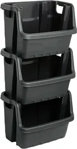 3 x Large Black Open Fronted Black Plastic Stacking Crates For Order Picking, Industrial, Garage  & Kitchen