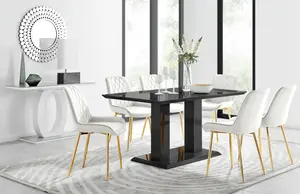 Imperia Black High Gloss 6 Seater Dining Table with Structural 2 Plinth Column Legs 6 Cream Velvet Gold Leg Pesaro Chairs