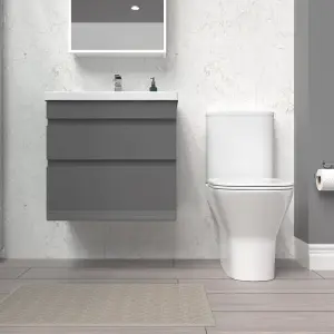 Nes Home 600mm Drawers Vanity Unit Wall Hung Steel Grey & Rimless Toilet Set