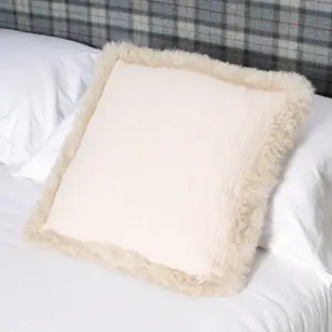 Beige Linen Cushion Sheepskin Trim 45x45cm