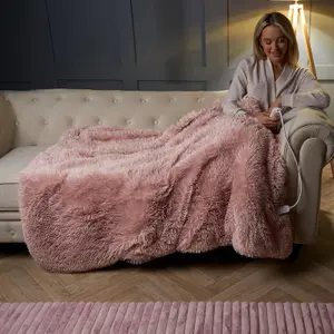 Electric Blanket Heated Fluffy Fleece Remote Control Warm, Blush - 130 x 160cm