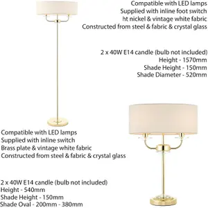 Standing Floor & Table Lamp Set Brass Crystal & Vintage White Shade Twin Light