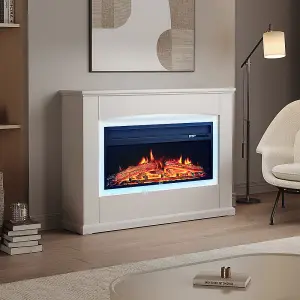 Electric Fire Suite Black Fireplace with White Surround Set 7 LED Mood Light Adjustable Stove Size 34''