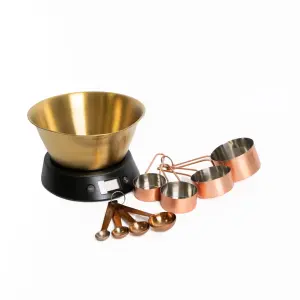 9pc Kitchen Measuring Set with Digital Scales & Brass Bowl, 4x Copper Measuring Cups and 4x Copper Measuring Spoons