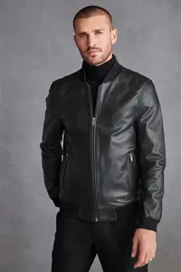 Mens Next Black Signature Leather Bomber Jacket - Size S REG - Black