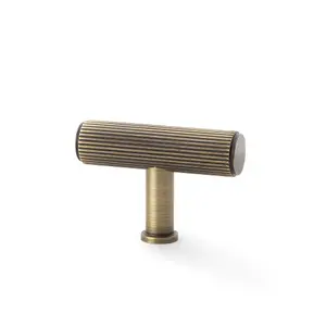 Reeded T Bar Cupboard Door Knob - 55mm x 38mm Antique Brass Lined Pull Handle