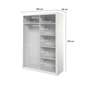 Elegant White Lux 18 Sliding Door Wardrobe H2150mm W1500mm D600mm with Mirrored Panels