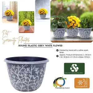 Pot Serenity Planter Round Plastic Grey White Flower Plant Garden Patio 30cm