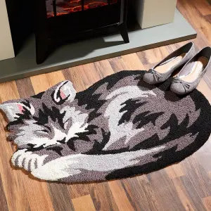 Sleeping Cat Shaped Rug - Novelty Animal Tabby Cat Home Floor Mat for Bedroom, Living Room, Hallway - 73cm x 46cm