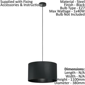 Pendant Ceiling Light Colour Black Shade Round Black Fabric Bulb E27 1x40W