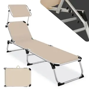 Sun Lounger Aurelie - foldable, with sunshade, 6-step adjustable backrest - beige