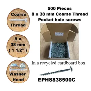 Pocket Hole Screws for Softwoods, 38mm Long, Pack of 500, Coarse Self-Cutting Threaded Square Drive, EPHS838500C, EPH Woodworking