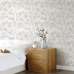 GoodHome Drave White Tree Glitter effect Textured Wallpaper