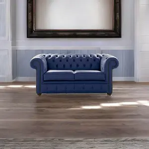 Chesterfield 2 Seater Shelly Billberry Blue Leather Sofa Settee Bespoke In Classic Style