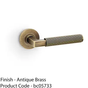 SOLID BRASS Reeded Door Handle Set - Antique Brass Angled Lever On Round Rose