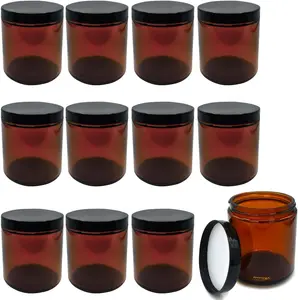 Amber Glass Jars 12 Pack (240ml) Reusable Travel Cosmetic Containers with Lids, Spatula, UV Protection for Creams & Lotions