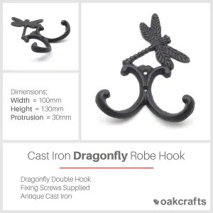 Oakcrafts - Antique Cast Iron Dragonfly Double Robe Hook - 130mm High