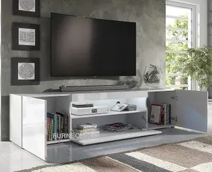 Furneo 200cm Long TV Stand Unit Cabinet Matt & High Gloss White Clifton08 White LED Lights