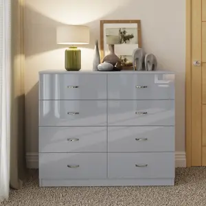 Grey Gloss 8 Drawer Chest Of Drawers 4+4 Bedroom Furniture