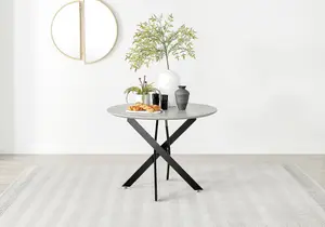 Furniturebox UK Novara Grey Concrete Effect Black Leg Round Dining Table & 4 Grey Velvet Milan Gold Leg Chairs