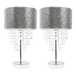 ValueLights Bonita Pair of Silver Glitter Droplet Shade Table Lamps and LED Bulbs