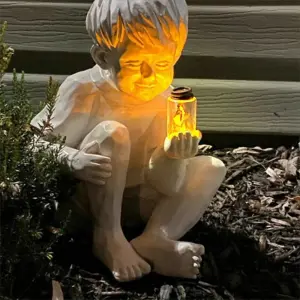 Solar Powered Boy and Girl with Fireflies Statue Resin Home Garden Ornament