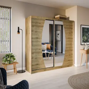 Elypse Contemporary 2 Mirrored Sliding Door Wardrobe 9 Shelves 2 Rails Artisan Oak Effect (H)2000mm (W)2000mm (D)620mm