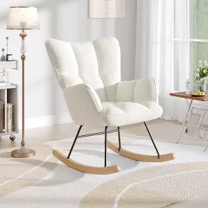 Comfortable Cream Tufted Upholstered Teddy Rocking Chair for Study Living Room