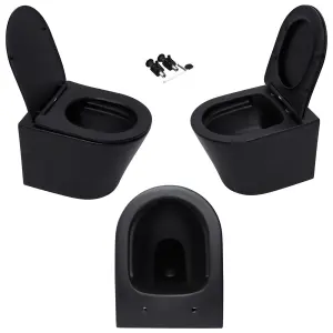 Matt Black Hidden Fixation Wall Hung Rimless Toilet WC Pan & 1.12m Concealed Cistern WC Frame & Matt Black, Trim Flush Plate