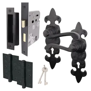 AFIT Black Antique Fleur De Lys Door Handles Key Lock Set - 1 Pair Cast Iron Internal Handles Hinges 76mm, Sash Lock 64mm & Keys