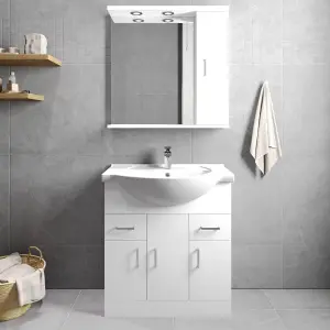 3 Door 2 Drawer Bathroom Vanity Basin Unit with Round Basin - 750mm - Gloss White