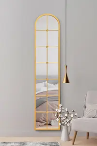 MirrorOutlet Window Slim Arcus - Gold Framed Arched Leaner Wall Mirror 75" X 16" (190CM X 40CM)