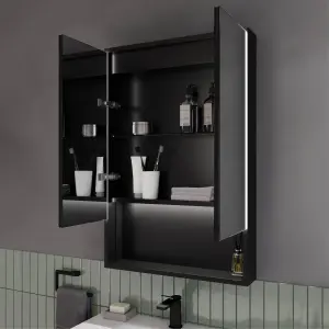 Sensio Sydney Matt Black Wall-mounted Illuminated Mirrored Bathroom Cabinet (W)600mm (H)900mm