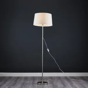 ValueLights Standard Floor Lamp In Brushed Chrome Metal Finish With White Faux Linen Tapered Shade With LED GLS Bulb in Warm White