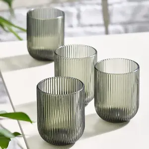 Set of 4 Vintage Luxury Grey Ribbed Short Drinking Glass Whisky Glass Tumbers 270ml