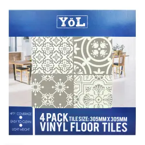 Floor Tiles Self Adhesive Vinyl Flooring Kitchen Bathroom Patterned Moroccan Light Grey White - Pack of 4 Tiles (0.37sqm)