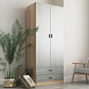 URBNLIVING 180cm Tall 2 Door Wardrobe Oak Carcass and Ash Grey Drawers With 2 Drawers Bedroom Storage Hanging Bar Clothes