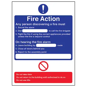 Fire Action Dial General Procedure Sign - Rigid Plastic 150x200mm (x3)