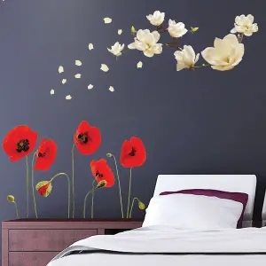 Walplus Combo Wall Stickers Art Mural Home Decor - White Magnolia and Poppy Flowers