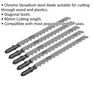 5 PACK 90mm Chrome Vanadium Steel Jigsaw Blade - 8 TPI - Diagonal Teeth - Wood