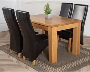 Dakota 152 x 87 cm Chunky Medium Oak Dining Table and 4 Chairs Dining Set with Lola Black Leather Chairs