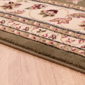 Green Traditional Easy to Clean Floral Bordered Rug For Dining Room-66 X 230cm (Runner)